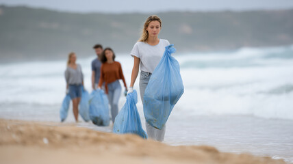 Group of people cleaning sandy beach, holding blue garbage bags and wearing casual clothing, environmental volunteers working together on cloudy day, ocean waves in background
