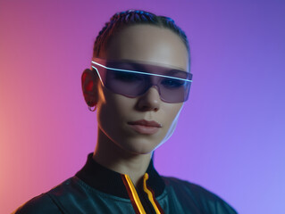 Cyberpunk inspired portrait of confident Caucasian woman wearing futuristic sunglasses, braided hair, and stylish jacket, illuminated by vibrant neon lighting, modern and bold