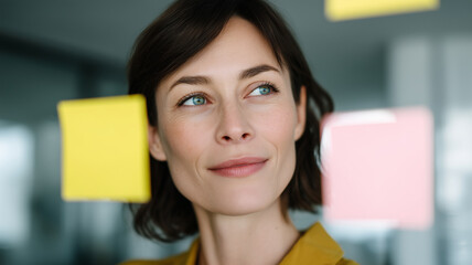 Confident businesswoman brainstorming with colorful sticky notes, smiling and looking inspired in modern office, creative planning and innovative thinking concept