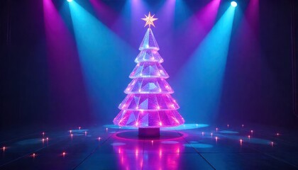 Illuminated modern Christmas tree with vibrant pink and blue lights on a dark stage, glowing star topper