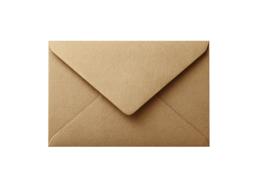 Brown paper envelope with triangular flap closed against black background kraft mail, Isolated On Transparent Background, Png Cut Out