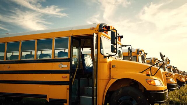 Row of Yellow School Buses with Blue Sky and Clouds in a Field Perspective View School Transportation Vehicles and Sky Creates Bright Open Composition for Back to School Themes