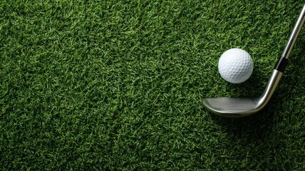 Golf club and ball on lush green grass. AI generated