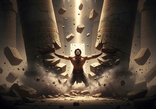 Biblical scene of Samson pushing down the massive stone pillars of the temple