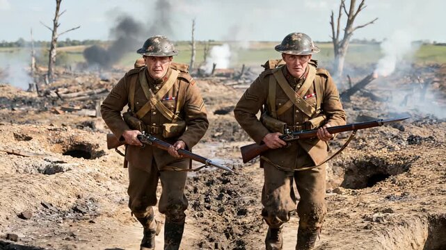 Uniformed men sprint through destruction with weapons amid plumes