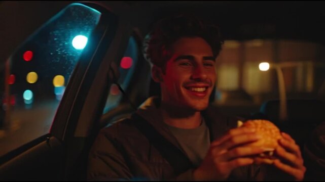 Happy national fast food day a person enjoys a burger in car