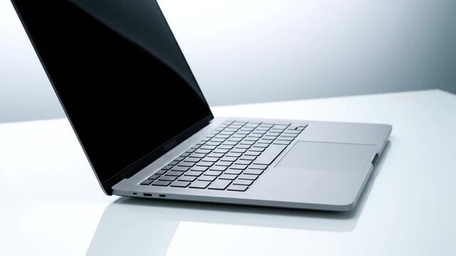 Side View of Silver Laptop with Black Screen on White Table Against Gradient Grey Background Sleek Modern Design Minimalist Aesthetic Technology and Connectivity at Work 190 Chars