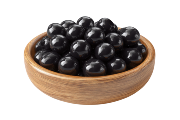 Wooden bowl filled with shiny black marbles on black background image, Isolated On Transparent Background, Png Cut Out