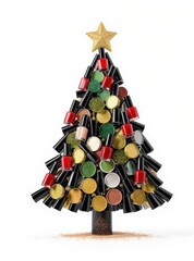 Creative Christmas tree made of colorful nail polish bottles and glitter with a golden star topper on a white background