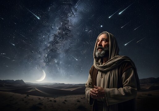 Biblical scene of an ancient prophet looking up at a starry night sky with shooting stars