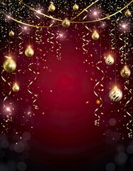 Luxurious red Christmas party background with falling golden ornaments and cinematic lighting