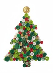 Christmas tree made of colorful buttons in green, red, white, and gold tones on a white background