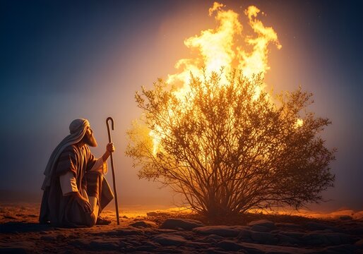 Biblical scene of Moses before the burning bush speaking to God in the desert