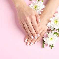 Fototapeta premium A close-up of a woman's hands adorned with elegant white manicured nails, gently holding a vibrant bouquet of colorful flowers, showcasing beauty and grace.