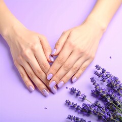 Fototapeta premium A close-up of a woman's hands adorned with vibrant purple manicured nails, gently cradling delicate lavender flowers, creating a serene and elegant scene.