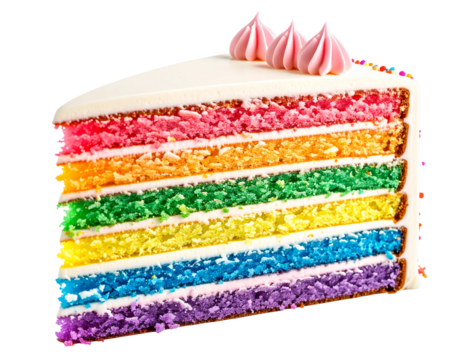 Pastel rainbow birthday cake slice with rainbow layers glowing under soft light, isolated on a transparent background, PNG