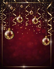 Luxurious red Christmas party background with falling golden ornaments and cinematic lighting