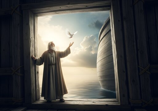 Biblical scene of Noah standing in the open doorway of the ark looking at a white dove flying