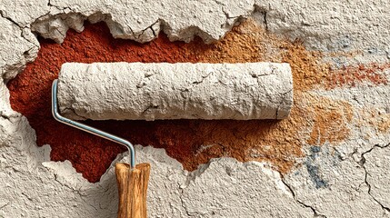 A paint roller creating a hole on a textured wall, revealing the inner layer