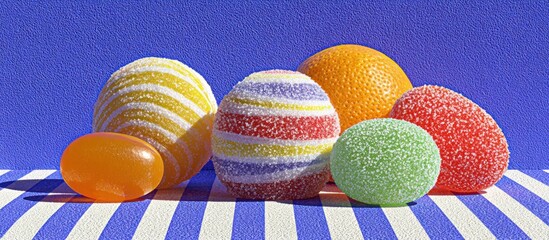 Colorful candy and a citrus fruit arranged on a striped surface