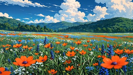 Picturesque animated landscape: a colorful wildflower meadow under a serene blue sky with fluffy white clouds and distant mountains.