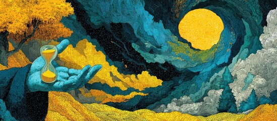 A hand holds a hourglass against a surreal, swirling sky with a sun