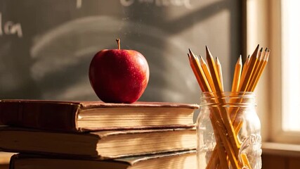 Still Life Back to School Concept with Red Apple Stacked Books Yellow Pencils and Chalkboard in Soft Natural Light Educational Ambience Ideal for Back to School Campaign 2024 - Powered by Adobe