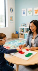 Fototapeta premium Woman pediatric ophthalmologist or teacher playing with child wearing vision glasses. Kid improving eye sight with interactive therapy. Vision correction concept.