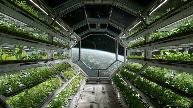 Controlled environment agricultural corridor on orbiting space station