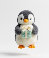 Adorable knitted penguin holding a small gift box with a ribbon on a white background