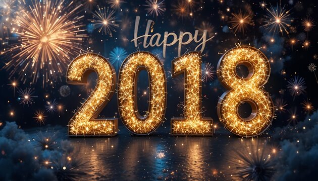 Golden 2018 new year celebration with fireworks and a dark background - Powered by Adobe