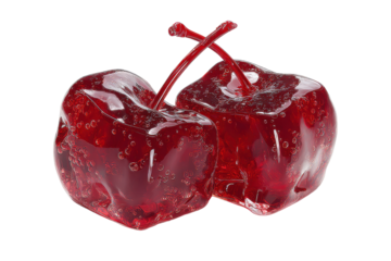 Two translucent red cherry candies with bubbles on black background candy transparent, Isolated On Transparent Background, Png Cut Out