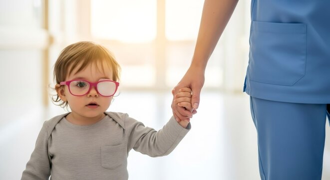 Little baby girl with patching on glasses and nurse holding hand. Pediatric ophthalmology and vision correction for amblyopia in child.