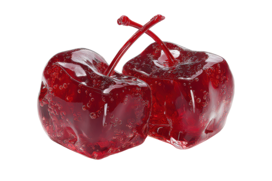 Two translucent red cherry candies with bubbles on black background candy transparent, Isolated On Transparent Background, Png Cut Out