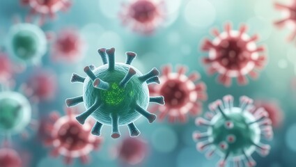 Microscopic Close-up Of Coronavirus Particles With Prominent Green Virus In Cellular Environment