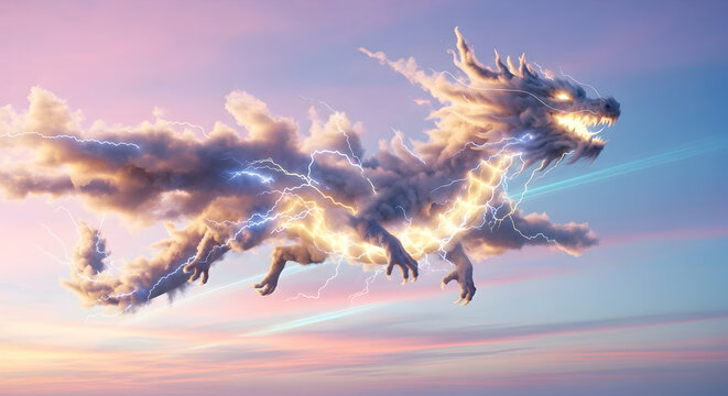 Majestic Dragon made of clouds and lightning soars through the sky