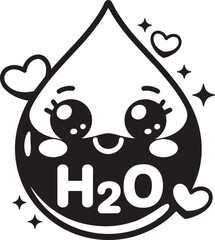 Cute kawaii h2o water droplet character with hearts and sparkles