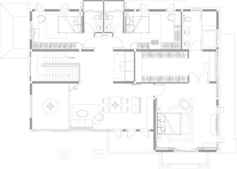 2D Interior Design Drawing for Small and Large Bedrooms with Walk-in Closet, Family Living Area, and Prayer Niche