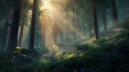 Obraz premium Sunlight through dense forest canopy. AI generated