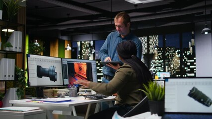 Team of skilled engineers creating Mars based virtual station using turbine on AI interface. Futuristic program processing data with deep learning and automation for game optimization. Camera A. - Powered by Adobe