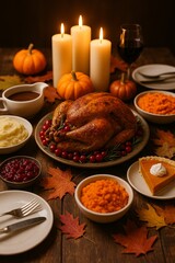 Roast turkey dinner with vegetables, candles and autumn leaves for Thanksgiving