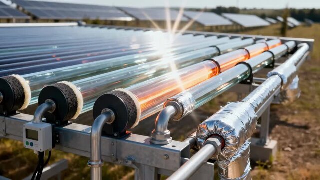 Medium shot of evacuated tube solar collectors arranged in parallel showcasing advanced technology maximizing heat retention and energy conversion from sunlight.