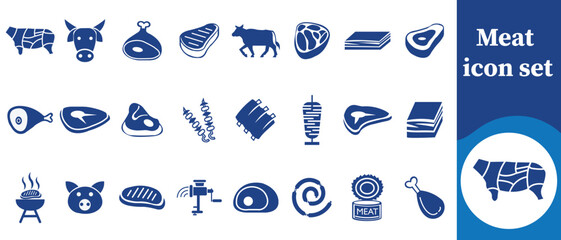 Meat icon set, meat, beef, chicken, pork, lamb, mutton, steak, ribeye, sirloin, bacon, sausage, salami, ham, drumstick, turkey, roast, barbecue, grill, butcher knife and more