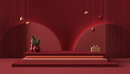 Warm Red Holiday Background with Christmas Trees and Gifts