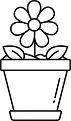Clean black and white line art icon of a single blooming flower with leaves planted inside a classic terracotta pot with a saucer, symbolizing gardening, spring, or interior decoration.