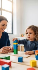 Fototapeta premium Smiling woman doctor watching little boy child patient building toy blocks. Pediatric ophthalmology, creative diagnostic examination.