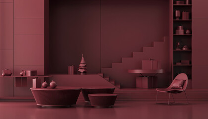 Modern 3D Christmas Room in Deep Red Color Palette