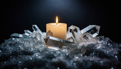 Candle surrounded by crystals on a dark background.