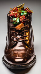 A polished brown leather boot stuffed to the brim with an assortment of colorful, foil-wrapped candies and small gifts.