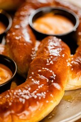 Close up of a large soft pretzel with butter and salt with dips at a well lit modern bar restaurant